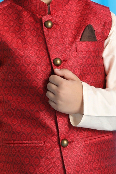 VASTRAMAY Maroon Woven Jacket With Cream Kurta and Pyjama Baap Beta Set